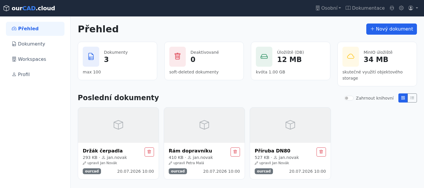 Dashboard — přehled dokumentů a využití úložiště