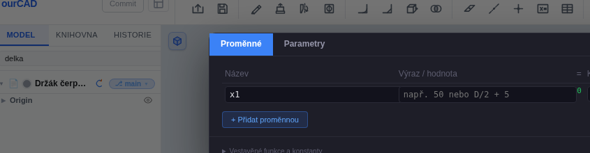 Panel proměnných — název, výraz a volitelný komentář