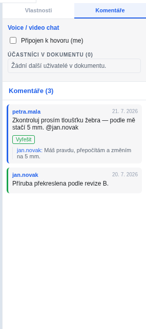 Panel komentářů — vlákno s odpovědí a vyřešený komentář
