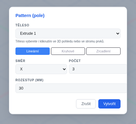 Dialog Pole — lineární pole tělesa, směr, počet a rozestup