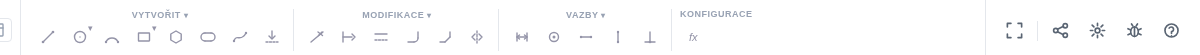 Toolbar režimu náčrtu — kreslení, modifikace, vazby
