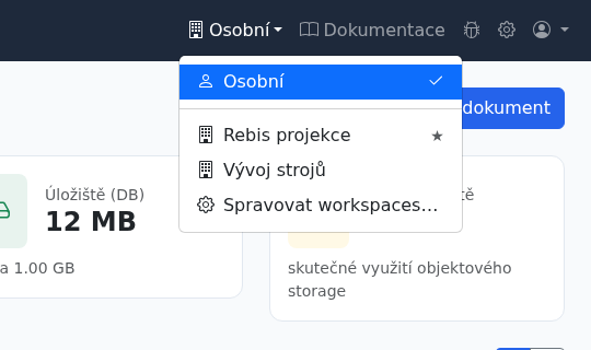 Přepínač workspace v horní liště